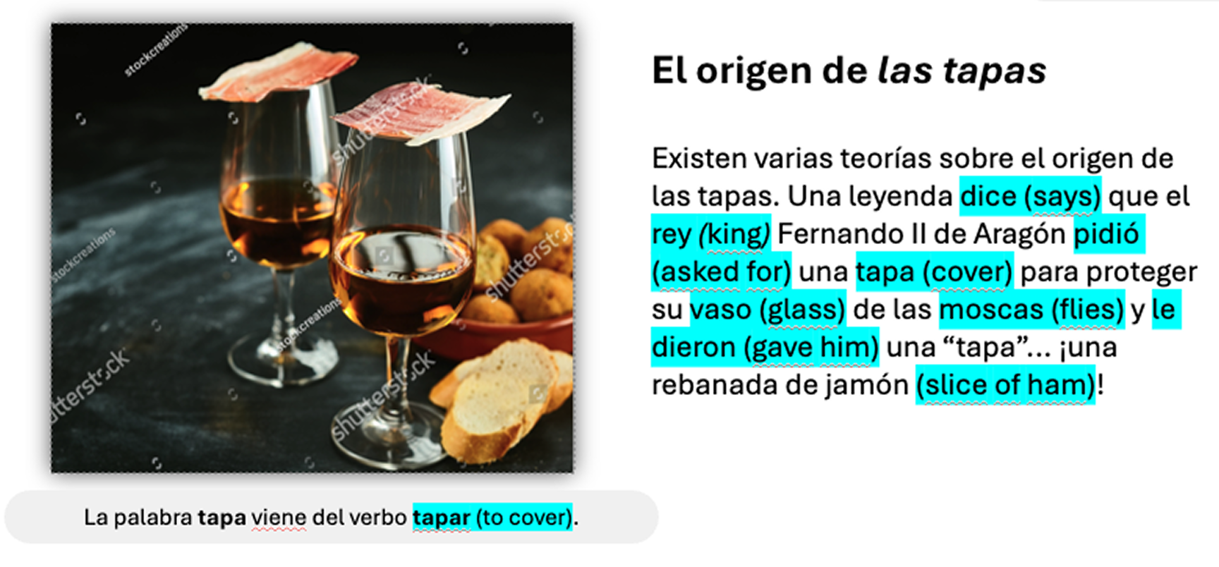 Original manuscript editorial for the Tapas reading — reading text, vocabulary call-outs, and a single reference photo